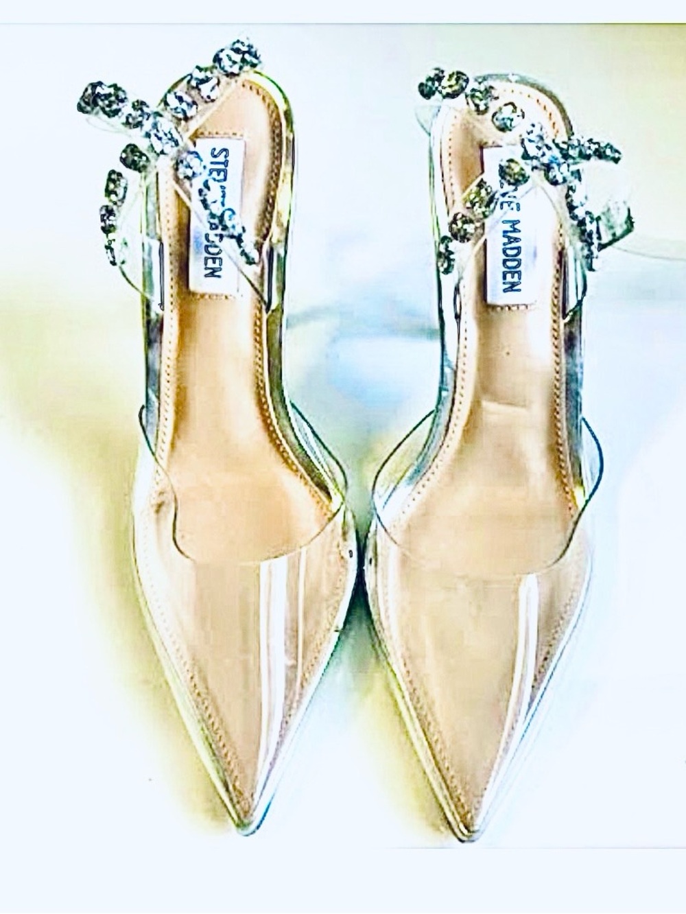 New STEVE MADDEN Vary Clear & Silver Rhinestone Ankle Strap Stiletto Pumps 7.5 - Picture 3 of 6
